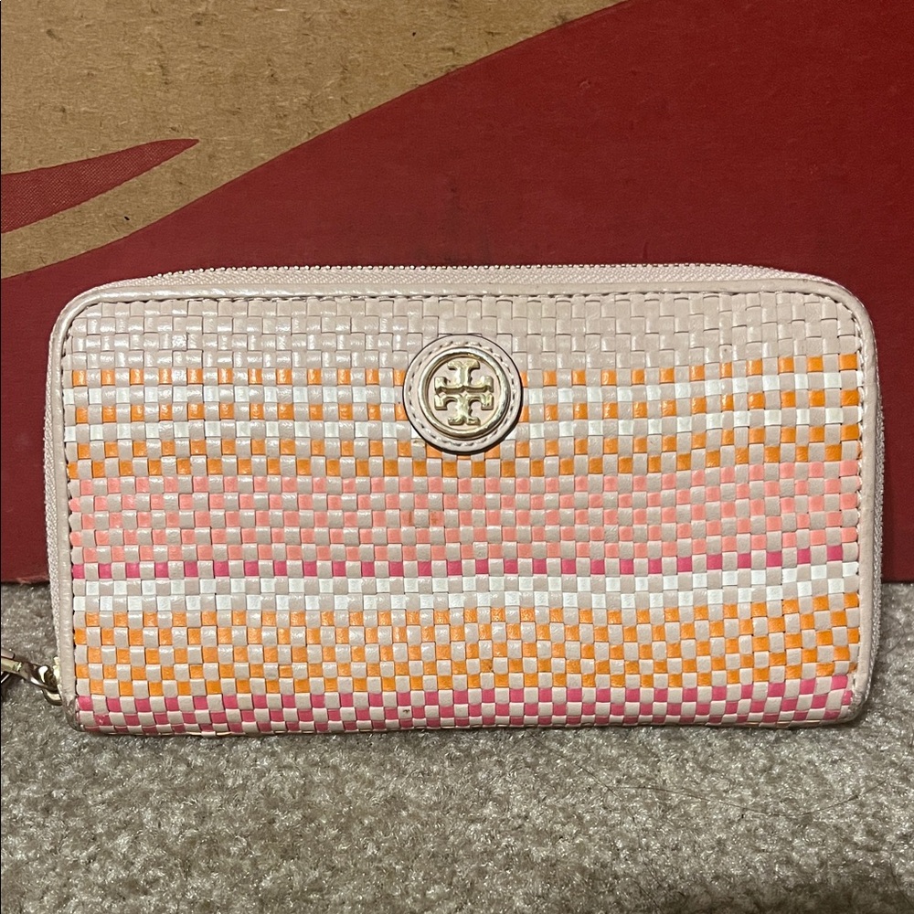 Tory Burch Pink, Orange & Cream Woven Zip Around Wallet